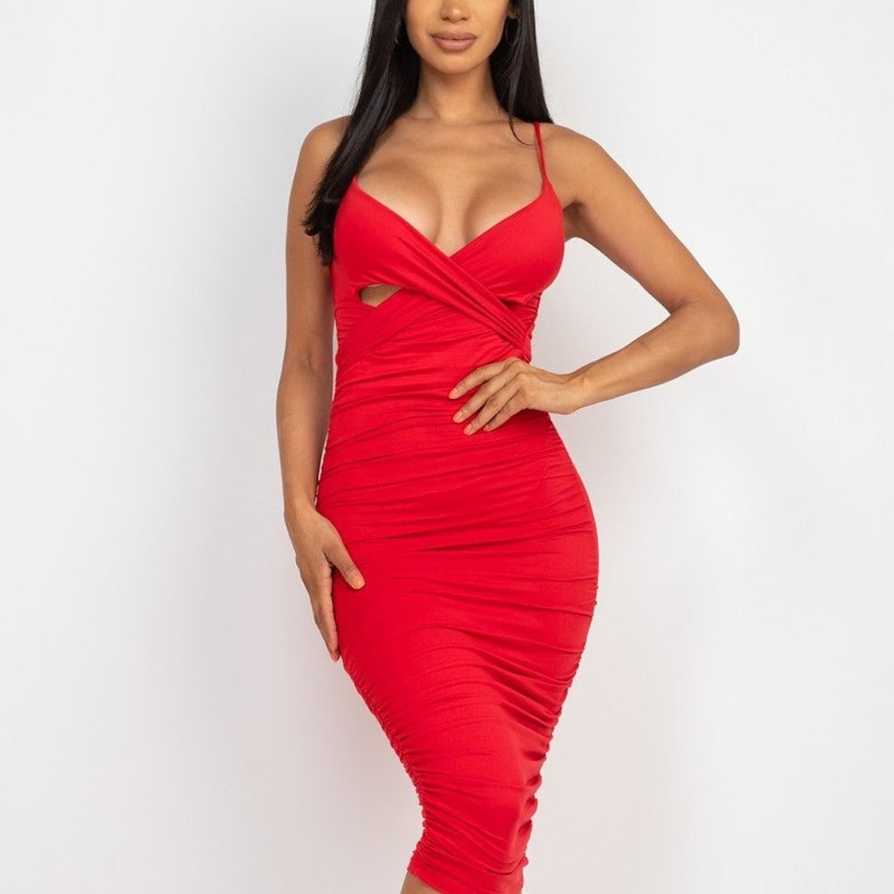 Women's Sexy Red Cross Wrap Stretch Knit Strap V-neck Ruched Midi Dress NWT